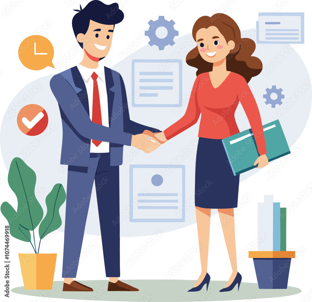 People shaking hands at work - Two businesspeople, man and woman doing handshake in office at work while smiling over business agreement and deal. Flat design stock illustration on white background People shaking hands at work - Two businesspeople, man and woman doing handshake in office at work while smiling over business agreement and deal. Flat design stock illustration on white background