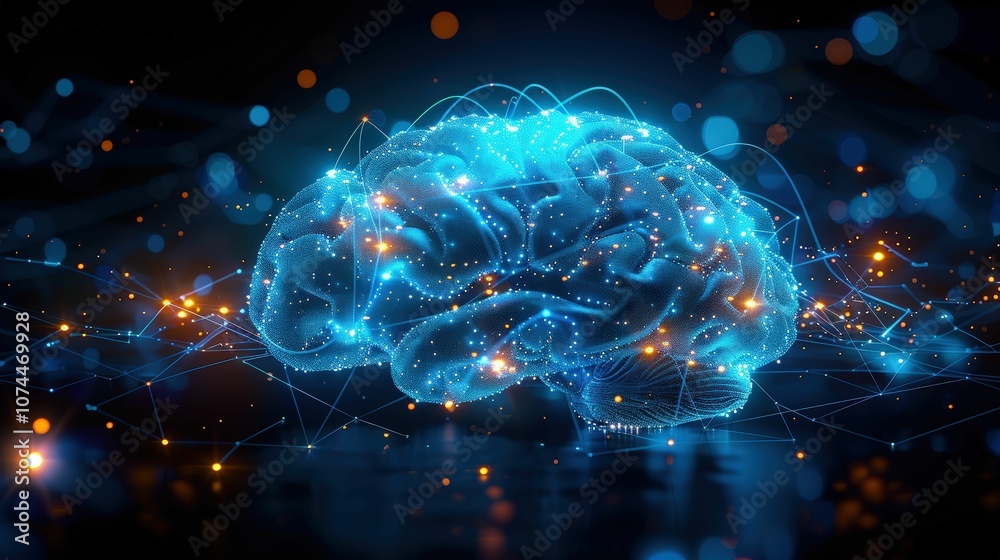 Abstract Representation of a Brain with Glowing Blue Lights and Connecting Lines, Simulating Neuroconnections and Digital Technology in a Dark Background Abstract Representation of a Brain with Glowing Blue Lights and Connecting Lines, Simulating Neuroconnections and Digital Technology in a Dark Background