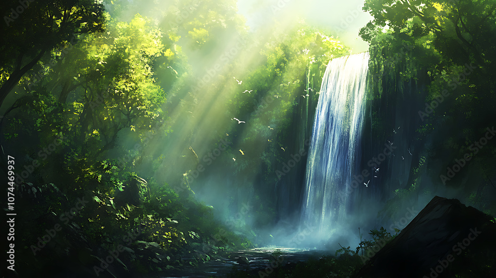 A panoramic view of a secluded waterfall tucked away in a dense forest, with sunlight filtering through the trees creating a magical atmosphere A panoramic view of a secluded waterfall tucked away in a dense forest, with sunlight filtering through the trees creating a magical atmosphere