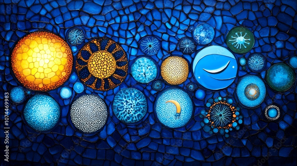 Fototapeta premium Abstract Blue Mosaic Art Cosmic Cells Organic Shapes Universe Galaxy Celestial Night Sky Pattern
