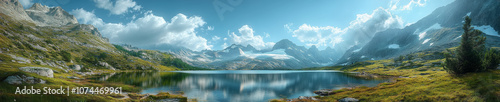 panoramic view of serene mountain lake surrounded by majestic peaks and lush greenery, reflecting vibrant sky