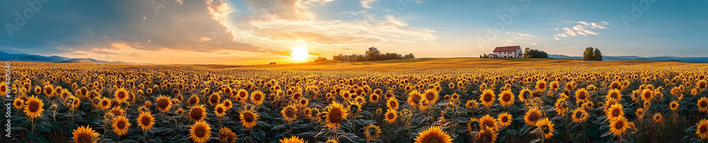 Obraz premium panoramic view of vibrant sunflower field at sunset, showcasing bright yellow flowers under colorful sky. serene house is visible in distance, enhancing tranquil atmosphere