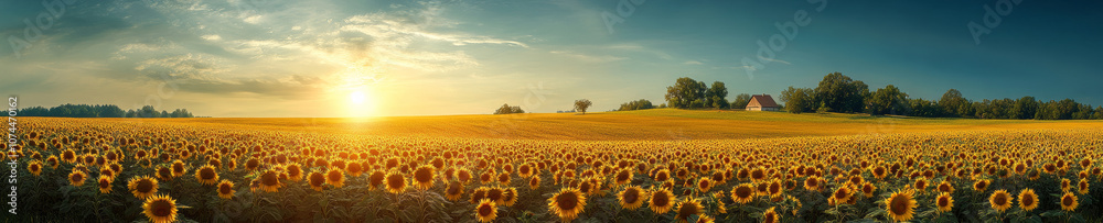 Fototapeta premium panoramic view of vibrant sunflower field at sunset, showcasing golden blooms under dramatic sky. serene landscape features distant farmhouse, enhancing tranquil atmosphere