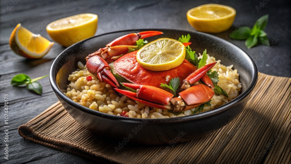 crab dish with lemon slice on bed of grains in black bowl seafood cuisine from coastal region food photography vertical format crab dish with lemon slice on bed of grains in black bowl seafood cuisine from coastal region food photography vertical format