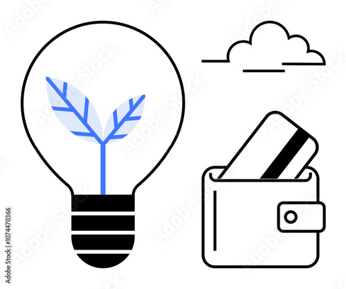 Light bulb with leaf inside symbolizing green energy, wallet holding a credit card, and single cloud. Ideal for financial planning, eco-friendly business, investment, banking, technology, innovation