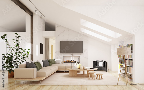 Bright, minimalist loft living room