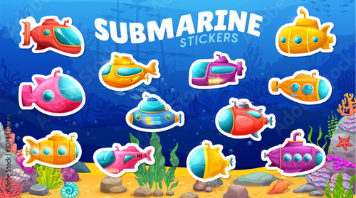 Cartoon submarine yellow underwater ships stickers pack. Vector kids submarines, bathyscaphes and ships with cute periscopes and portholes. Under water ship stickers on sea bottom landscape background