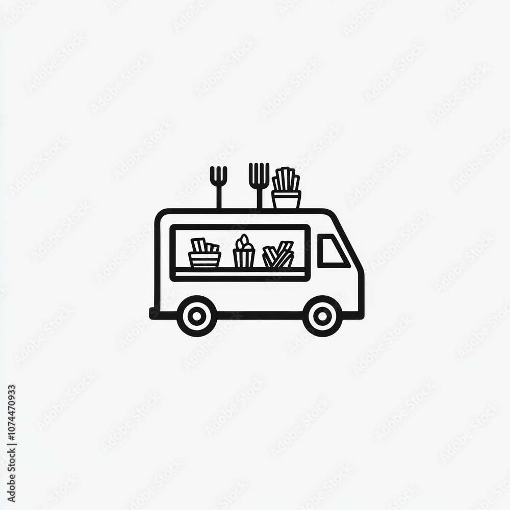 Line drawing of a food truck with forks, fries, and ice cream on top. Line drawing of a food truck with forks, fries, and ice cream on top.