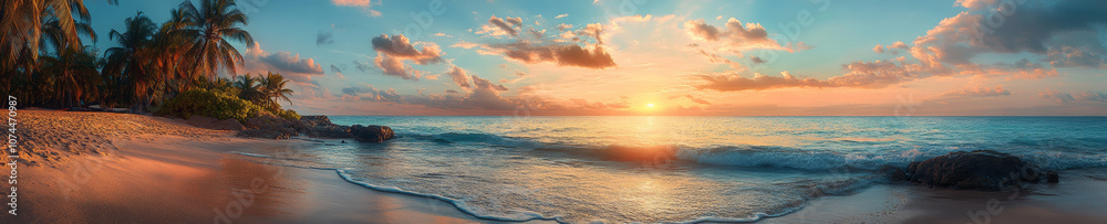 stunning panoramic view of tropical beach at sunrise, featuring vibrant colors reflecting on water, palm trees lining shore, and gentle waves lapping at sand stunning panoramic view of tropical beach at sunrise, featuring vibrant colors reflecting on water, palm trees lining shore, and gentle waves lapping at sand