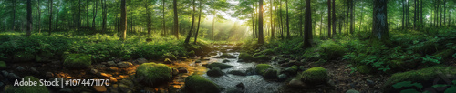 serene forest panorama featuring gentle stream, lush greenery, and sunlight filtering through trees, creating tranquil atmosphere