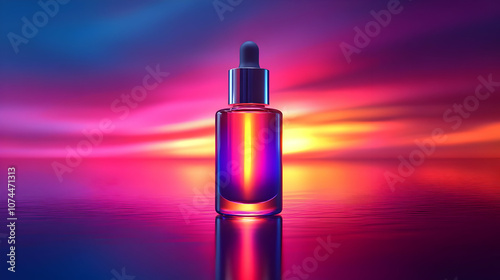 Glass Bottle with Dropper in Neon Light Backgroud