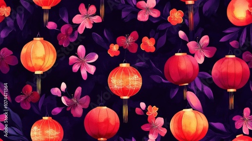 Seamless pattern with red lanterns and pink flowers on a dark purple background.