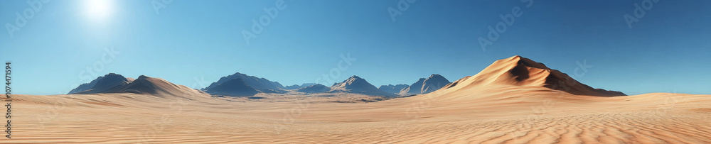 vast desert landscape featuring rolling sand dunes and distant mountains under clear blue sky. scene evokes sense of tranquility and isolation vast desert landscape featuring rolling sand dunes and distant mountains under clear blue sky. scene evokes sense of tranquility and isolation