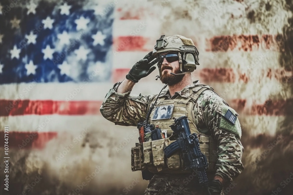 Soldier saluting in front of the American flag, powerful patriotic scene, representing dedication and loyalty Soldier saluting in front of the American flag, powerful patriotic scene, representing dedication and loyalty