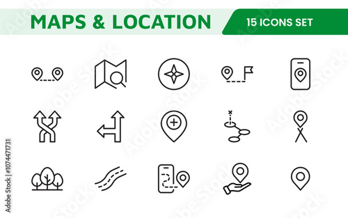 Maps Icon Set. Versatile and visually appealing icons for navigation, location services, and travel apps, designed to enhance user experience and make exploring the world more intuitive and enjoyable.