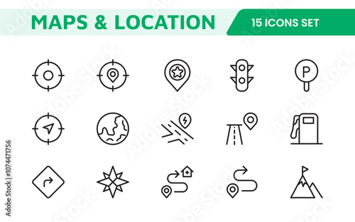 Maps Icon Set. Versatile and visually appealing icons for navigation, location services, and travel apps, designed to enhance user experience and make exploring the world more intuitive and enjoyable.