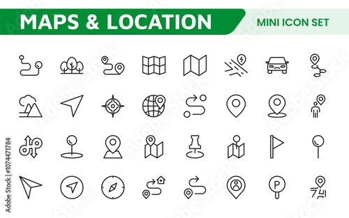 Maps Icon Set. Versatile and visually appealing icons for navigation, location services, and travel apps, designed to enhance user experience and make exploring the world more intuitive and enjoyable.