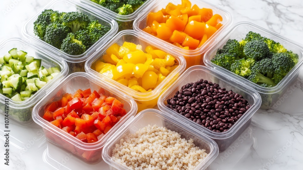 A variety of vegetables are displayed in plastic containers, including broccoli A variety of vegetables are displayed in plastic containers, including broccoli