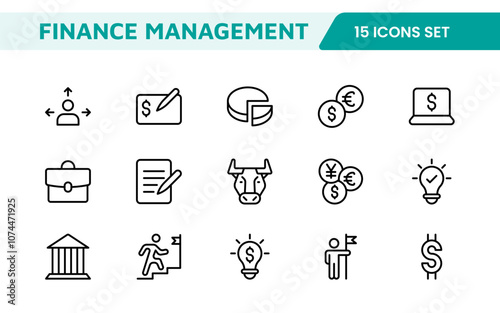 Finance Management Icon Set. Professional and sleek icons for budgeting, expense tracking, and investment management, ideal for finance apps.