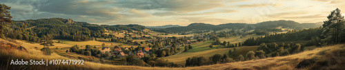 panoramic view of rural village nestled in lush green hills, showcasing serene landscapes and charming homes under golden sky. peaceful atmosphere invites tranquility and reflection
