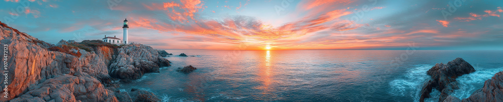 stunning panoramic view of coastal cliffside at sunset, featuring lighthouse. vibrant colors of sky reflect on calm ocean waters, creating serene atmosphere stunning panoramic view of coastal cliffside at sunset, featuring lighthouse. vibrant colors of sky reflect on calm ocean waters, creating serene atmosphere