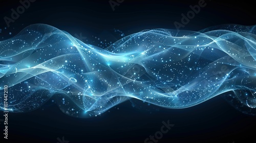 Ethereal Blue Flowing Waves with Sparkling Particles and Light Effects Against a Dark Background for Use in Abstract Designs and Visual Representations