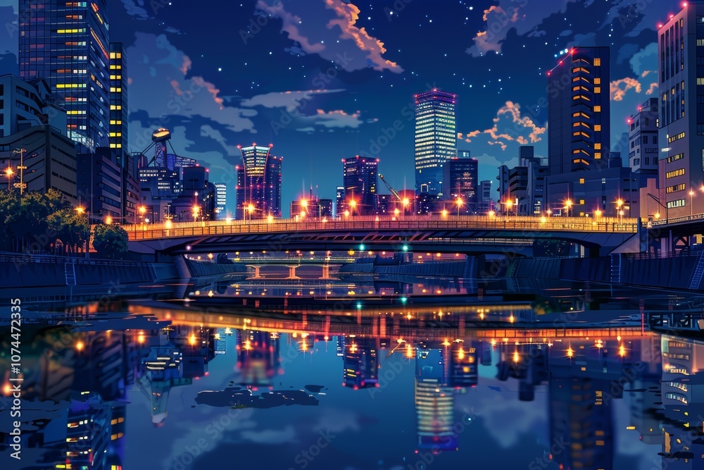 Fototapeta premium Nighttime Cityscape with a Bridge and Reflections. Anime Illustration Style.