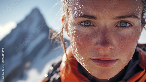 Close up of determined hiker face with mountain backdrop, glistening with sweat