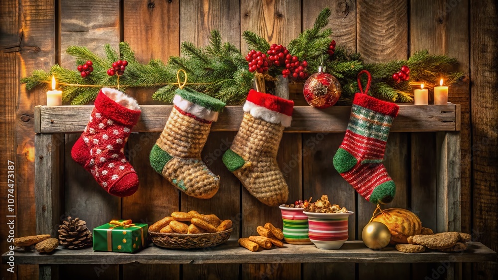 Fototapeta premium Cozy Christmas Stockings Filled with Gifts, Cookies, and Festive Decor on a Shelf Bathed in Warm Low Light for a Magical Holiday Atmosphere