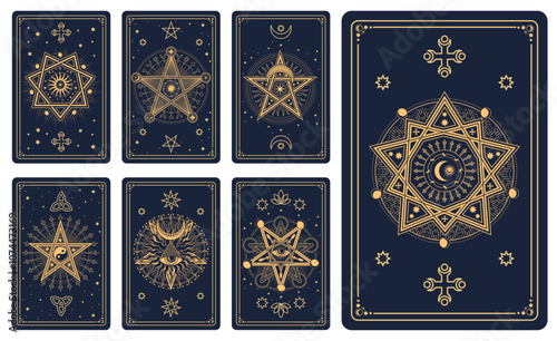 Occult tarot vector cards with gold line pattern of Moon, Sun, stars, esoteric eye of providence and magic pentagram. Vintage mystic tarot cards set with outline geometric frames, celestial ornament