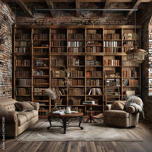 Vintage Library Room with Antique Bookshelves and Rustic Brick Walls