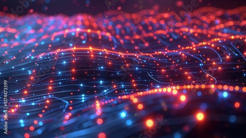 Abstract Digital Landscape with Glowing Red and Blue Particles Representing Data Waves and Connectivity in a Futuristic Cyber World Environment