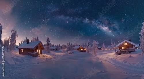 Beautiful winter landscape with cozy wooden houses and a starry sky. 