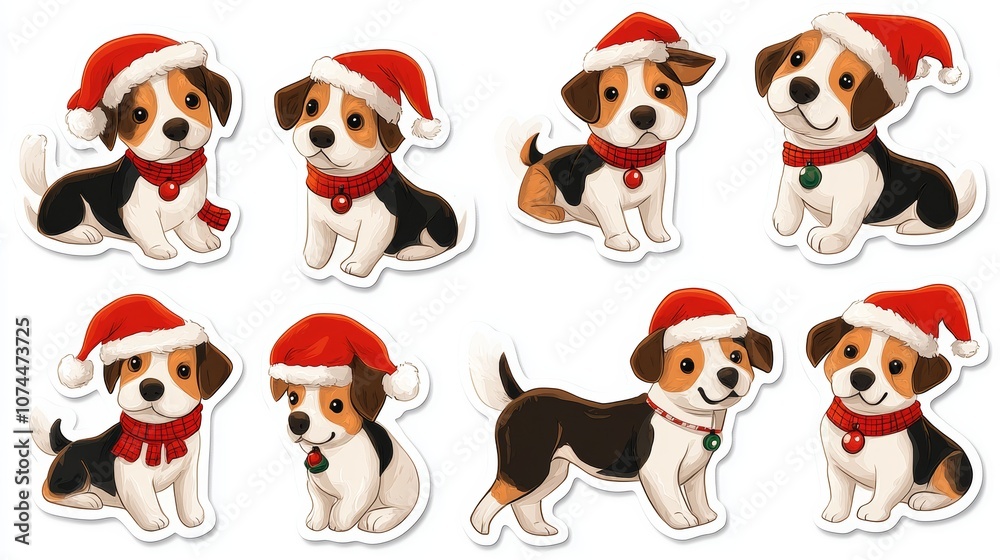 Stickers of Christmas light string dogs in various pose with Santa hat and scarves