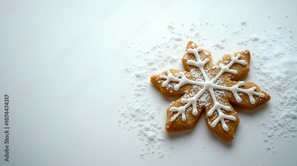 A beautifully decorated snowflake-shaped gingerbread cookie, adorned with white icing details and sprinkled with powdered sugar. Capturing the essence of winter and festive baking. A beautifully decorated snowflake-shaped gingerbread cookie, adorned with white icing details and sprinkled with powdered sugar. Capturing the essence of winter and festive baking.