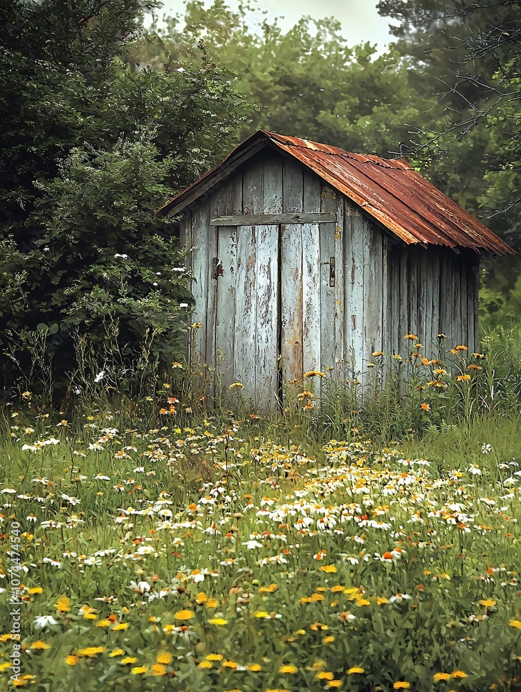 A weathered cabin cloaked in wildflowers whispers tales of bygone adventures. A weathered cabin cloaked in wildflowers whispers tales of bygone adventures.