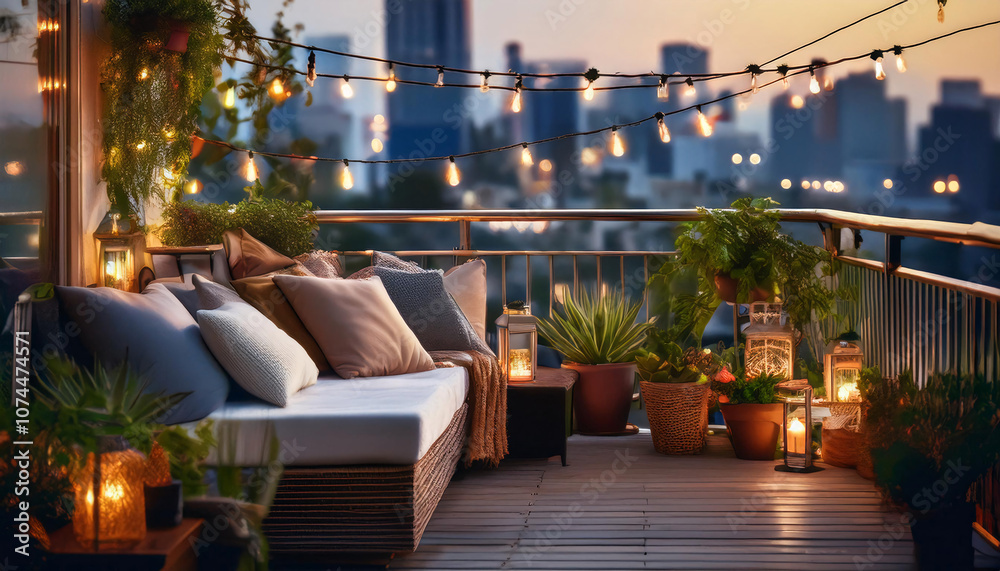 Fototapeta premium Cozy Urban Balcony with Plants and String Lights