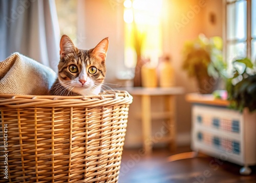 Curious Cat Nestled in a Wicker Laundry Basket with Cozy Home Background and Ample Copy Space for Text or Branding Use photo