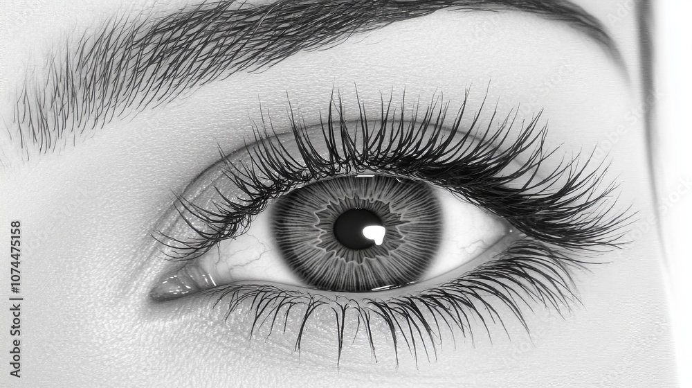 Intense Gaze A Close-Up of a Womans Striking Eye with Long Lashes in Black and White Intense Gaze A Close-Up of a Womans Striking Eye with Long Lashes in Black and White