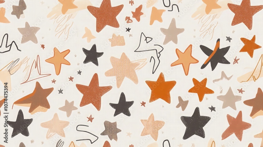 A vector pattern with hand-drawn abstract shapes such as stars, squiggles, and geometric figures in muted earth tones. The pattern is minimalistic and trendy, ideal for a modern and cute cover design. A vector pattern with hand-drawn abstract shapes such as stars, squiggles, and geometric figures in muted earth tones. The pattern is minimalistic and trendy, ideal for a modern and cute cover design.