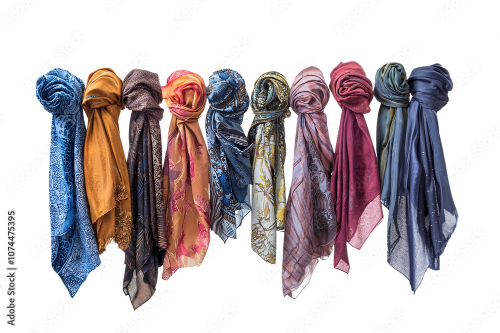 Elegant scarves displaying diverse patterns and textures, isolated on a white background. Elegant scarves displaying diverse patterns and textures, isolated on a white background.