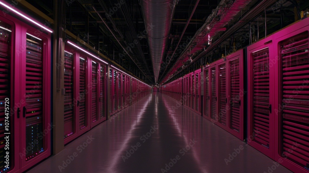 Vibrant Data Center Corridor with Rows of Servers Vibrant Data Center Corridor with Rows of Servers