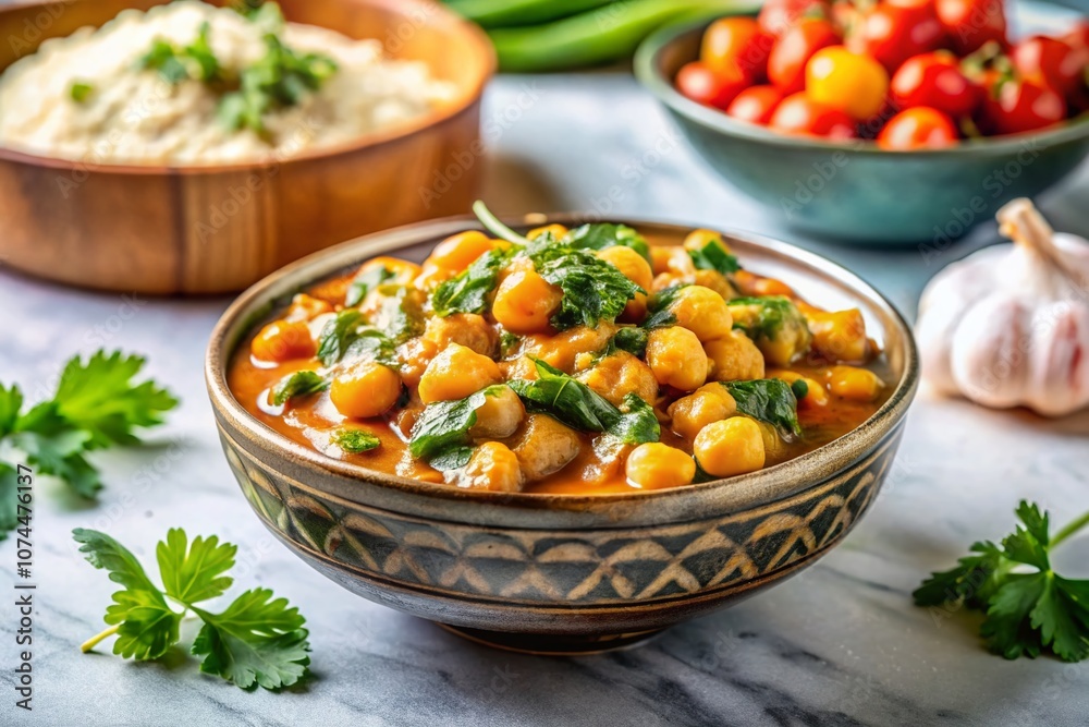 Delicious Chickpea and Spinach Curry Garnished with Fresh Cilantro on a White Marble Surface Perfect for Food Photography and Culinary Inspiration Delicious Chickpea and Spinach Curry Garnished with Fresh Cilantro on a White Marble Surface Perfect for Food Photography and Culinary Inspiration