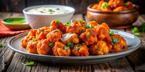 Delicious buffalo cauliflower bites served with ranch dip, presented on a plate against a softly blurred casual dining background, with ample space on the left for text overlay or branding.