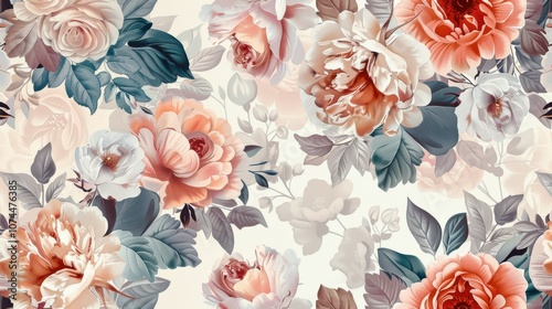 Seamless pattern of vintage florals featuring delicate roses and peonies in soft pastel colors, evoking a romantic and nostalgic feel, ideal for textile and wallpaper designs