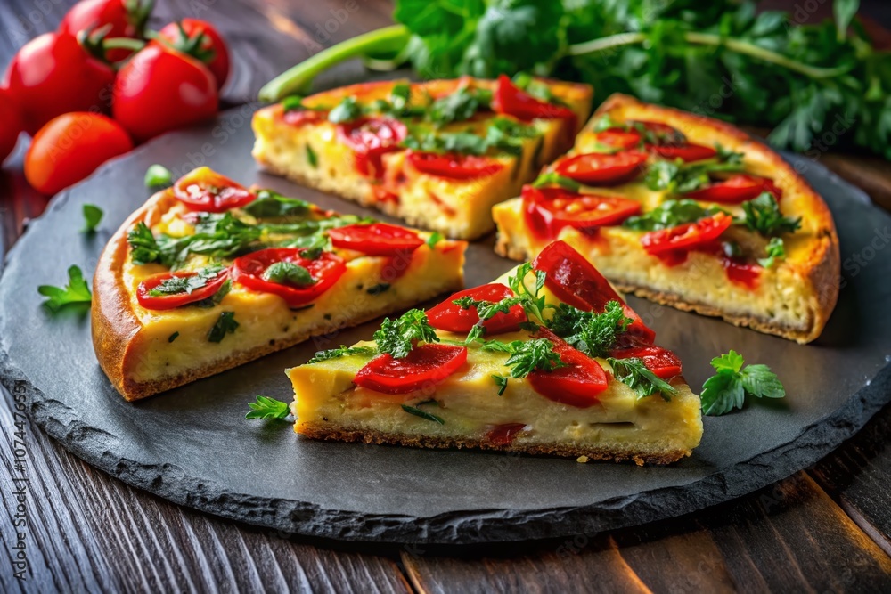 Delicious Slices of Frittata with Red Bell Peppers and Fresh Herbs on a Dark Slate Plate Perfect for Gourmet Food Photography Delicious Slices of Frittata with Red Bell Peppers and Fresh Herbs on a Dark Slate Plate Perfect for Gourmet Food Photography