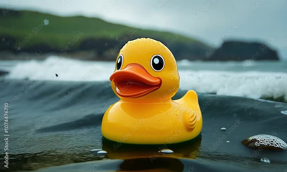 Yellow duck toy floating in the middle of the sea Yellow duck toy floating in the middle of the sea