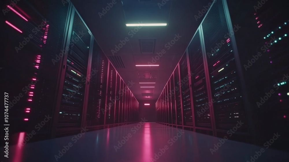 Fototapeta premium Futuristic Data Center Hallway with Glowing Lights