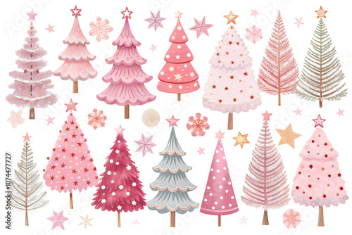 Set of pink Christmas trees isolated on white background. Ai generated image