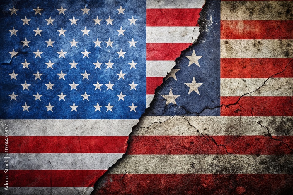 Fototapeta premium Distressed American and Russian Flags on Grunge Background Representing Cold War Rivalry and Current Geopolitical Tensions in a Long Exposure Art Style